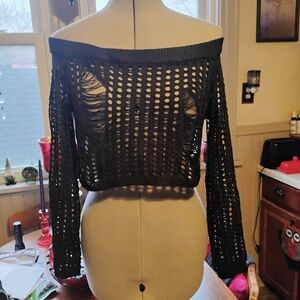 Black Off-Shoulder Crochet Sweater